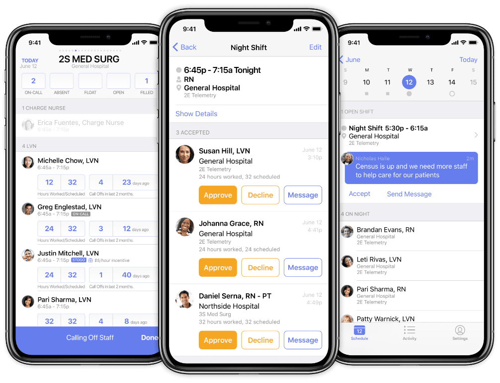 Three phone screens showing Stogo shift management: unit staffing view, shift approval workflow, and calendar schedule with notifications